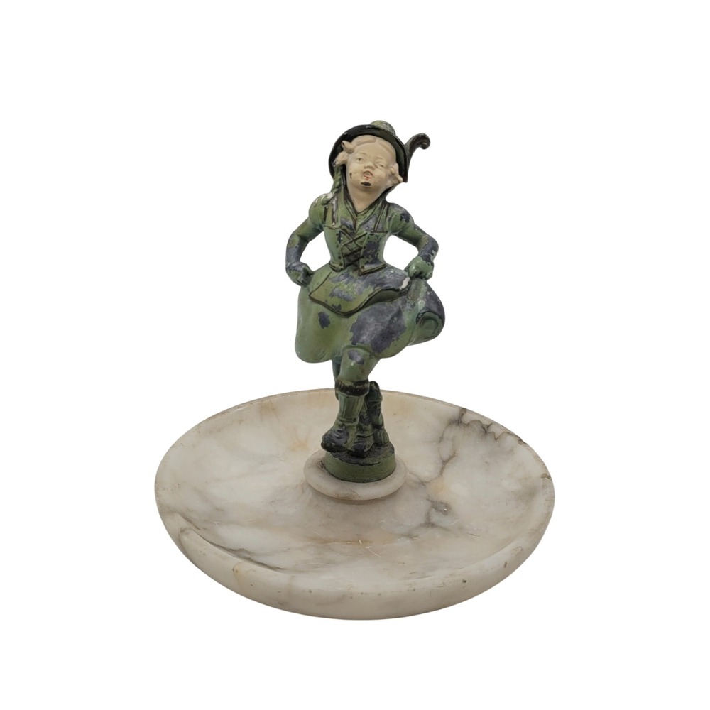 Vintage Art Deco JB Hirsch Cold Painted Spelter Figure on Marble Tray Dish